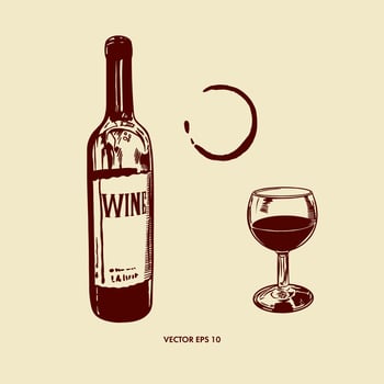 A bottle of red wine, a glass goblet, a trace from a glass of drink. Vector illustration in graphic style. Design element for menus, wine lists, labels, banners, flyers.