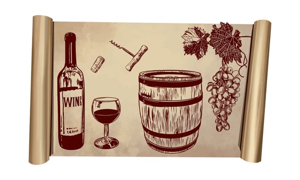 Bottle, glass, barrel of red wine, vine, leaves, corkscrew. Vector illustration on a vintage roll. Design element for menus, wine lists, labels, banners, flyers.