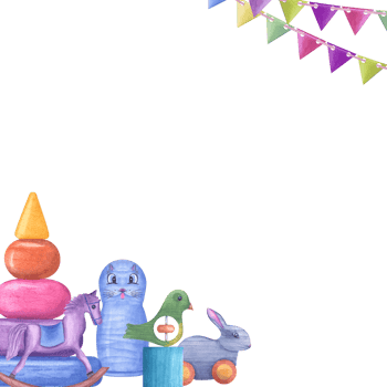 Square frame of kid wooden toys with colored flag garland. Toy, pyramid, beanbag, cat, bird, hobbyhorse, toy ride hare. Copy space for text. Watercolor illustration for children party, name day png