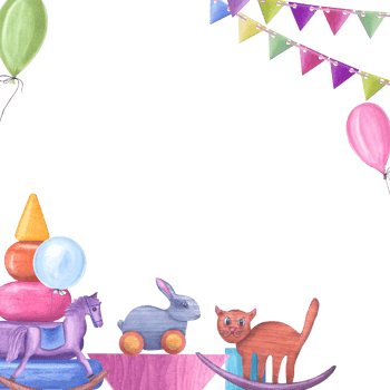 Square frame of kid wooden toys with colored flag garland and balloons. Toy, pyramid, bricks, cat, hobbyhorse, toy ride hare. Copy space for text. Watercolor illustration for children party png