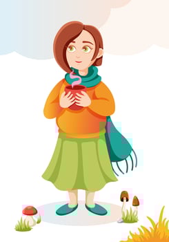 Girl with cup of tea. Cozy Autumn illustration. Flat vector illustration for postcard, banner, tea packaging. Cartoon style.