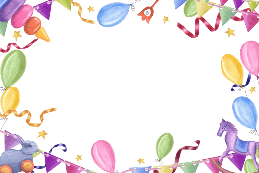 Happy birthday card with multicolor balloons, ribbons, confetti, flags. Watercolor illustration for template, greeting card. Copy space for text png