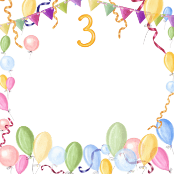 Watercolor card for children's birthdays. Balloons, ribbon, flag garland, number 3. Hand painted illustration for template, greeting card, poster, postcard for nursery, kids room decor. png