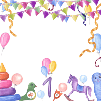 Watercolor card for children's birthdays, party. Pyramid, hobbyhorse, bird, rattle, balloons. Hand painted illustration for greeting card, poster, postcard, for nursery, kids room decor. png