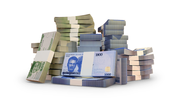 Stacks of Nigerian naira notes. A lot of money isolated on transparent background. 3d rendering of bundles of cash png