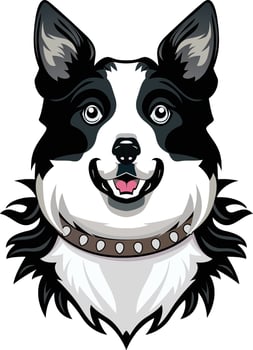 Border collie dog wearing a wolf collar flat style vector illustration, Sheep dog, Shepherd farm dog with a wolf spike collar stock vector image