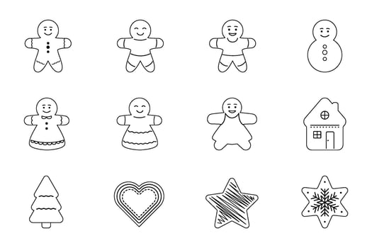 Line art Christmas gingerbread cookies set. winter sweet homemade biscuits in the form of different characters vector