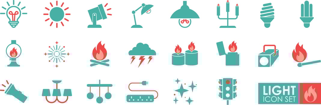Set of Light. Solid icon simple style. Contains such Icons as Table Lamp, Floor Lights, Spotlights, Traffic lights, Sun, and more. vector