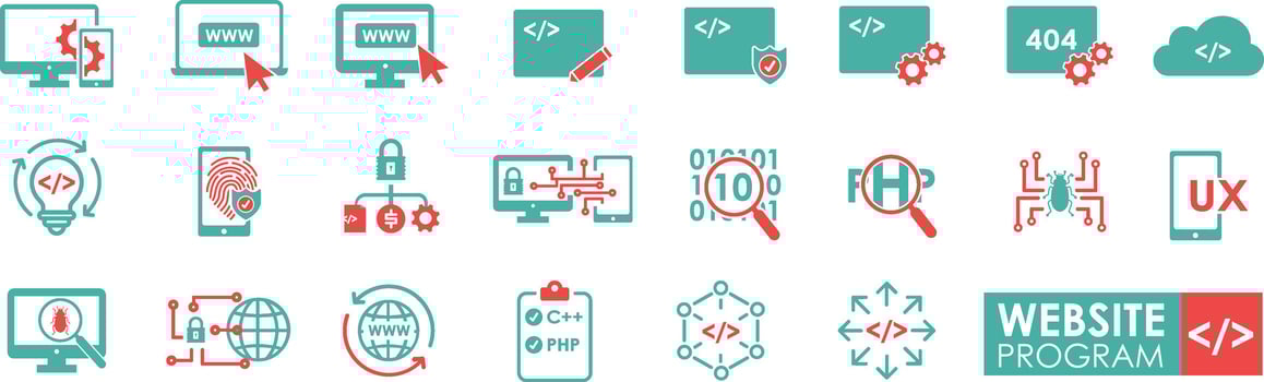 Set of Website Program. Solid icon simple style. Software development icon collection. Programmer and developer symbol vector illustration.