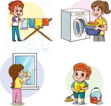 Cartoon kids doing housework, kids helping with housework. Boys and girls sweep, dust, wash dishes, mop the floor. cooking, washing laundry. vector