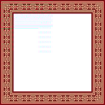 Vector red with gold Square Kazakh national ornament. Ethnic pattern of the peoples of the Great Steppe, .Mongols, Kyrgyz, Kalmyks, Buryats. Square frame border.