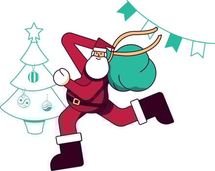 New Year vector illustration of hyperbolic proportions of running Santa Claus with gifts. On a white background a Christmas tree with Christmas decorations and a garland.