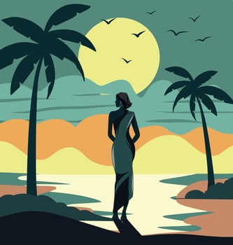 Vector flat illustration girl on vacation on the beach walking along the shore beach sea breeze sand sea beautiful sunset and palm trees