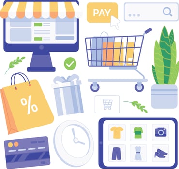 Shopping online icon set. Vector illustration in a flat style. Flat design vector illustration concept of online shopping. Online transactions. Vector illustration