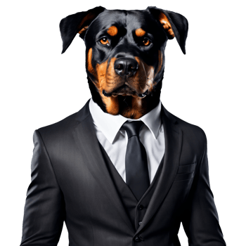 Portrait of Humanoid Anthropomorphic Rottweiler Dog Wearing Black Business Suit Isolated Transparent png