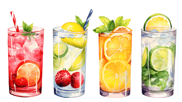Watercolor summer drinks clipart set on transparent background ai generated png
