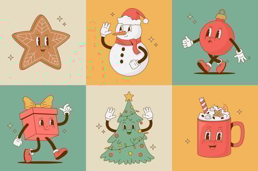 Set of retro cartoon Christmas funny characters. Gingerbread, coffee cup, ball, giftbox, snowman, Christmas tree mascot. Vintage vector illustration. Nostalgia 60s, 70s, 80s