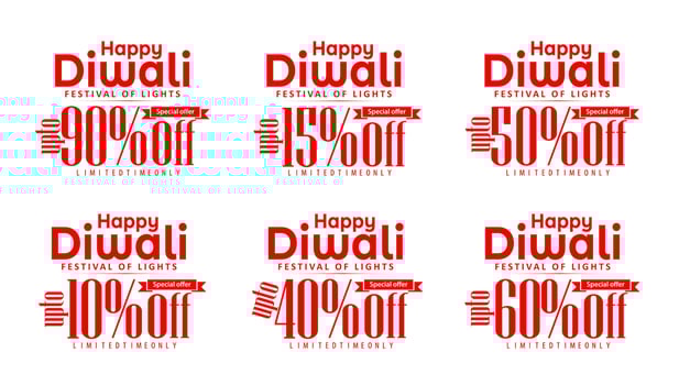 Happy Diwali Offer Set of different percentage discount tag on white background. up to 10, 90, 40, 60, 15, 50 percent off Discount Labels, vector