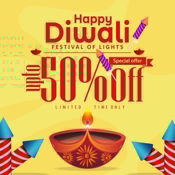 Diwali celebration promotional banner with diya oil lamps and fire crackers background. Vector illustration.
