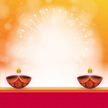Happy Diwali Background. Two diyas on red brick wall and fire crackers bursting on yellow background during Diwali festival. vector