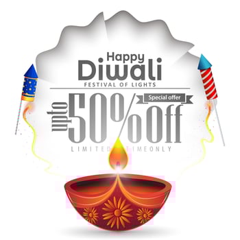 Happy Diwali Promotion Sale Banner Design Template. Diwali Diya oil lamp with firecrackers on white background on Diwali festival. Vector illustration