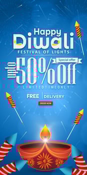 Happy Diwali Promotion Sale Banner Design Template. Diwali Diya oil lamp with firecrackers background on Diwali festival. Vector illustration
