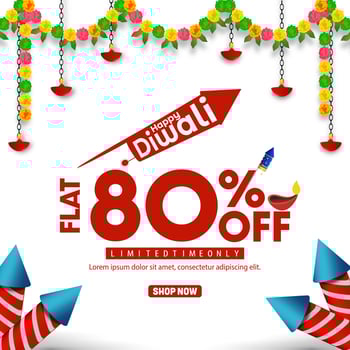 Diwali banner template design with colorful flowers and fireworks on white background. Happy Diwali sale banner template. vector