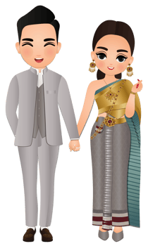 Wedding invitation card the bride and groom Thai traditional cute couple cartoon character png