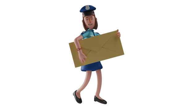 3D illustration. Beautiful Police Woman 3D Cartoon Character. Attractive policewoman is walking while carrying a big brown envelope. Policewoman smiles happily doing her job. 3D cartoon character png
