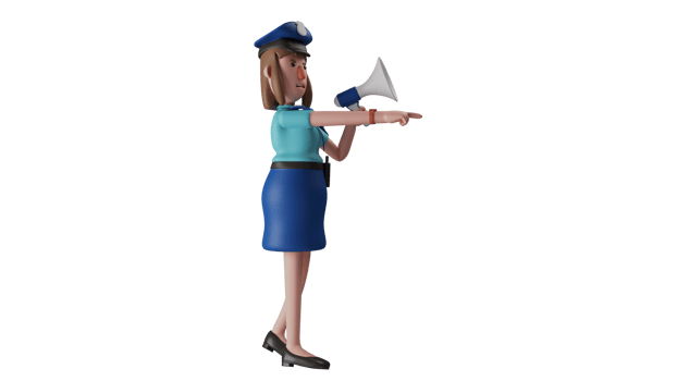 3D illustration. Angry Policewoman 3D Cartoon Character. A police woman called someone who violated the rules using a megaphone. The policewoman showed an angry expression. 3D cartoon character png