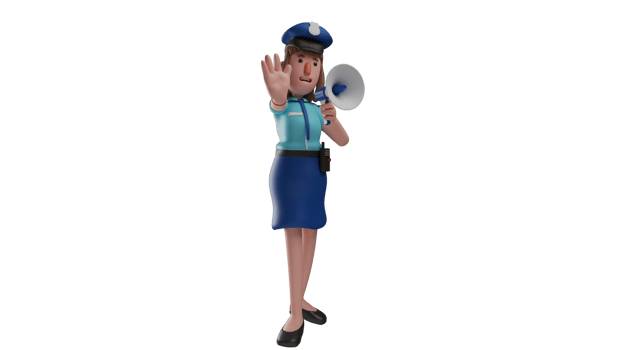 3D illustration. Charming Policewoman 3D Cartoon Character. A police woman officer speaks using a speaker. The sweet cop points one hand forward. 3D cartoon character png