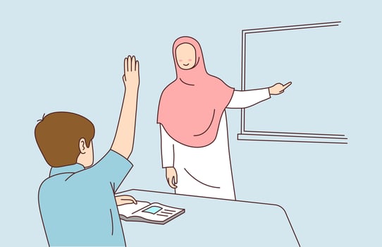 The teacher in the hijab asked the students. Students raise their hands to answer questions. Illustration of a teacher teaching vector