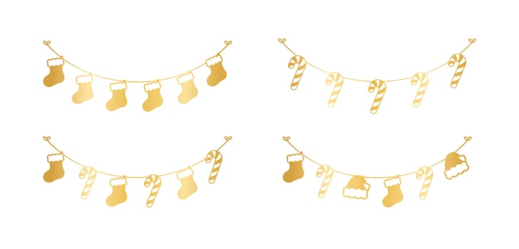 Set of gold Christmas and winter decoration garland silhouette. Holiday decoration elements collection. Santa hat, stockings, mistletoe, ornaments, candy cane. Vector Illustration.