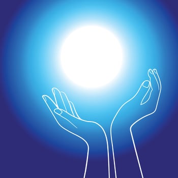 World Kindness Day poster,banner,logo design. Open cupped hands on blue gradient background with space for text vector illustration. Random Acts of Kindness Day.Open glowing hands Donation concept