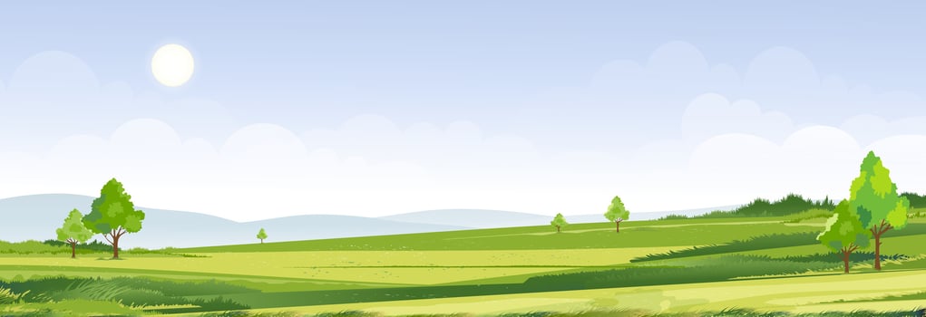 Spring time,Sunny day Summer landscape in village with green field,cloud and blue sky background.Rural countryside with mountain,grassland,sunlight in Morning,Vector Nature scenery cartoon background vector