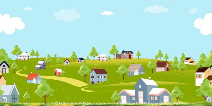 Seamless pattern Spring Landscape Village House on Green fields,Mountain,Blue Sky and Clouds Background,Horizon peaceful rural nature Sunny day Summer with grass land.Cartoon Vector banner for Easter