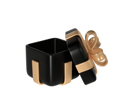 3d black Friday open gift box icon with golden ribbon bow transparent. Render Shop Sale modern holiday. Realistic icon for present shopping banner or poster png