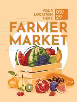 A set of fresh fruits in a wooden box. Agriculture, farmers market, local produce, shopping and harvesting, text poster. Vector flat illustration