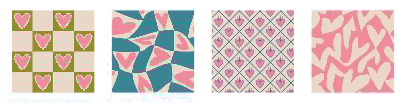 Aesthetic Retro Romantic printable groovy hearts seamless pattern. Decorative Hippie Naive 60's, 70's style Vintage modern background in minimalist style for fabric, wallpaper or wrapping vector