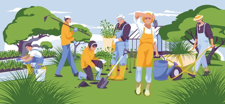 green landscape with people gardening together. Plant plants. water. help. Greenhouse and trees. Flat vector illustration