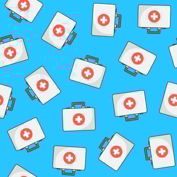 First Aid Kit Seamless Pattern On A Blue Background. Medical Theme Vector Illustration