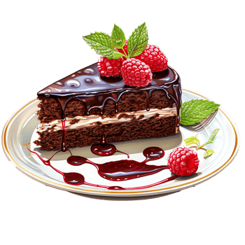 Chocolate cake with whipped cream and raspberries on a transparent background AI Generative png