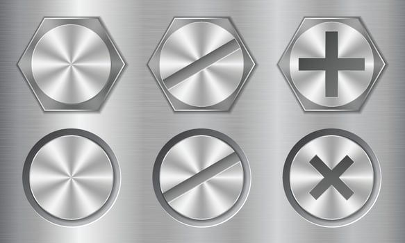 Set of metal bolt heads. Screw and bolt heads top view. Steel metal bolts. Vector illustration