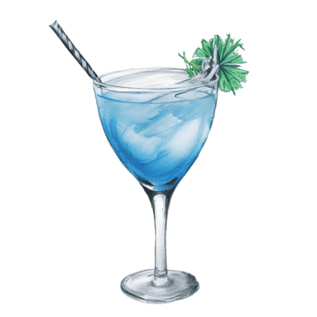 Blue cocktail in a glass with ice and straw. Alcoholic drink. Pencil Drawn Illustration. AI Generative png