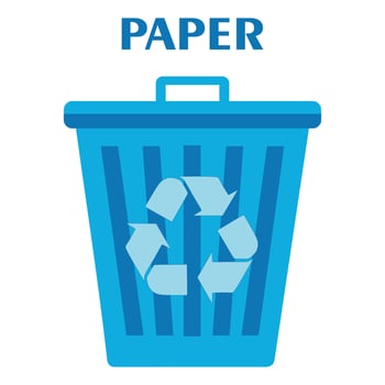Flat blue trash can for paper. Waste bin with lid. Eco concept. Vector illustration isolated on white. Recycling and sorting.