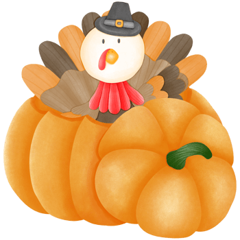 A turkey wearing a black hat emerges from a pod of pumpkins. png