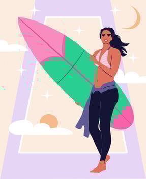 A young female with surfboard on an abstract background. A concept of outdoor leisure activity. vector