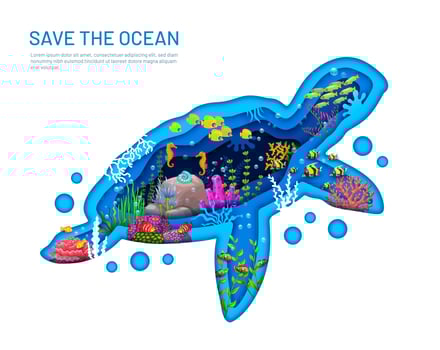 Underwater paper cut sea turtle silhouette, ocean vector