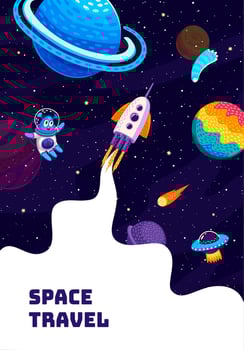 Space travel poster rocket spaceship launch, alien vector