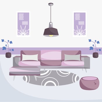 Colored living room with carpet lamp and couch Indoor design Vector illustration